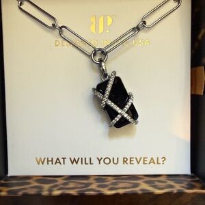 Black Crystal Pendant Necklace with Pavé X Accent - Designed in the USA